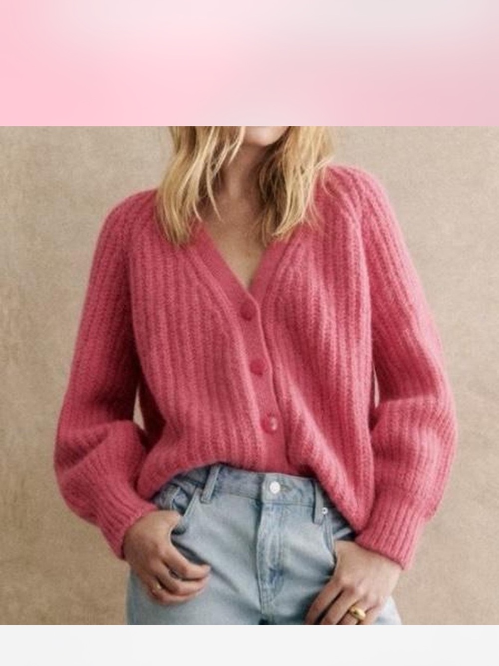 Sezane Rose Pink V-Neck Button Front Cardigan